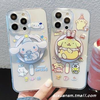 日韓卡通可愛玉桂狗布丁狗13無線充電磁吸Magsafe蘋果15/14手機殼適用iPhone16promax創意支架11透明保護套12