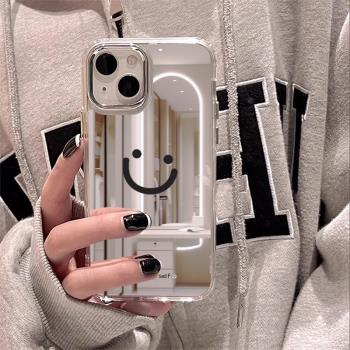 適用蘋果14promax手機殼鏡面新款iPhone15的套女全包高級感16max小眾13pro矽膠防摔xr外殼12帶鏡子笑臉鏤空16