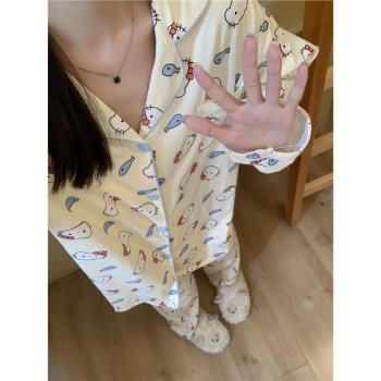 日系ins可愛卡通Kitty貓咪睡衣女春秋季新款凱蒂貓長袖長褲家居服