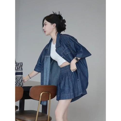 茶系穿搭一整套休閑牛仔運動套裝女夏鹽系輕熟設計感小洋裝