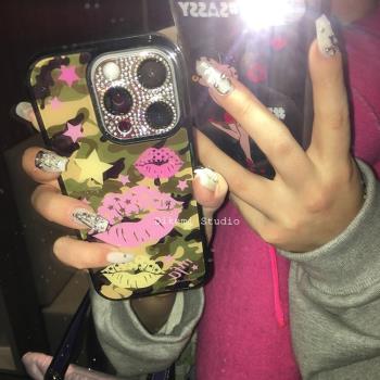 韓國ins小眾Y2K甜酷辣妹迷彩星星唇印黑邊軟殼適用iphone16promax/15pro蘋果13/12/11全包14pro手機保護套