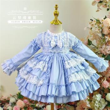 秋冬女童藍色洛麗塔蛋糕裙蓬蓬宮廷Lolita連衣裙蕾絲生日禮服洋裝