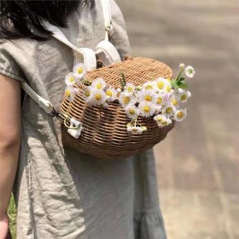 ins小背簍兒童自行車筐手工藤編織雙肩斜挎揹包戶外出遊拍照裝飾