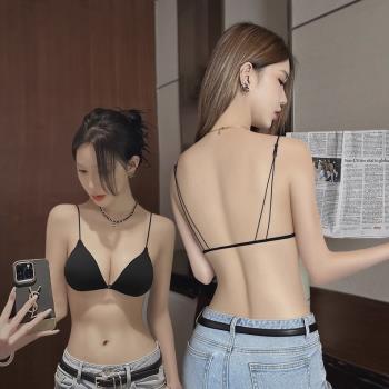 性感前扣無鋼圈美背文胸隱形細吊帶法式內衣三角杯薄款少女顯小胸