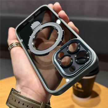 鈦灰色磁吸支架適用蘋果16promax手機殼新款15pro金屬鏡頭magsafe矽膠iphone14pm全包透明13保護套男12小眾女