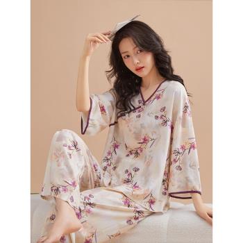 2025春夏純綿綢睡衣女新中式七分袖甜美花卉國風款人棉家居服套裝