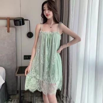 性感大碼網紅吊帶睡裙女夏季冰絲薄款2022年新款夏天蕾絲花邊睡衣