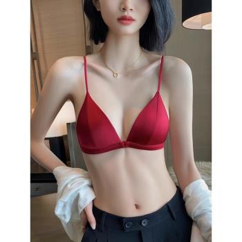 本命年內衣套裝女薄款小胸法式三角杯無鋼圈性感深V前扣紅色文胸