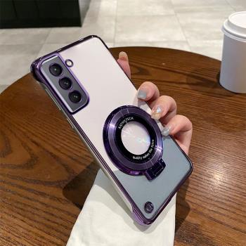 三星S21電鍍無邊框新款手機殼時尚大氣適用Galaxys21+創意磁吸支架s21ultra超薄散熱硬殼s21fe簡約防摔保護套