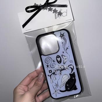 韓國ins小眾個性插畫夢的碎片天使黑貓黑邊軟殼適用iphone15promax/16pro蘋果13/12/11全包14pro手機保護套