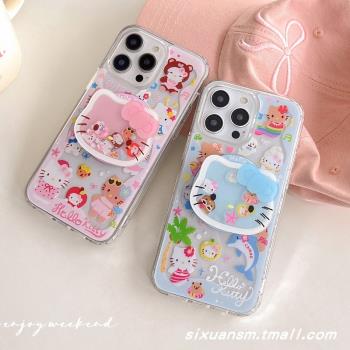 夏威夷卡通可愛黑皮KT貓13無線充電磁吸Magsafe蘋果15/14手機殼適用iPhone16promax搖搖樂支架11透明保護套12