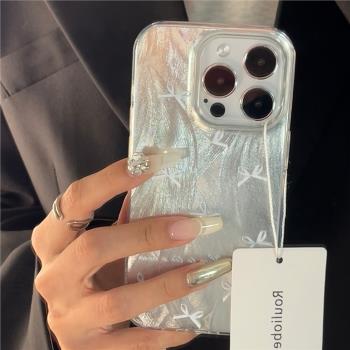 韓風ins藍色蝴蝶結適用蘋果15promax手機殼iphone14新款13pro高階女11羽紗15個性網紅14promax小眾12全包防摔