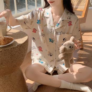 泡泡棉紗布睡衣女款可愛夏季天網紅風短袖卡通蠟筆小新家居服套裝
