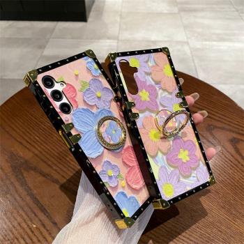 個性創意方形手機殼適用三星A55 A54 53 52 油畫花朵Samsung A14 13 12保護套galaxy A21S防摔指環扣支架矽膠