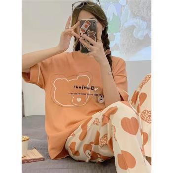 睡衣女夏季純棉短袖長褲夏天女裝大碼薄款兩件套裝家居服學生春秋