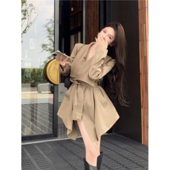 韓版小眾別致絕美新款復古性感不規則大翻領寬松時尚風衣外套女秋