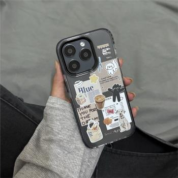 韓國插畫咖啡與狗狗手機殼適用於蘋果16promax創意iphone16新款13男女14個性16pro軟殼透明x黑邊磁吸11防摔12