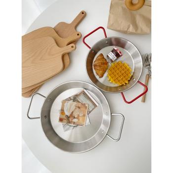 ins風不銹鋼雙耳平底鍋海鮮鍋韓式炸鍋盤子燴飯意麵炸雞盤小龍蝦