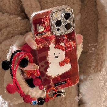 新年款iPhone15/16promax手機殼日韓ins紅色格紋立體西高地小狗帶掛鏈聖誕卡通蘋果13/14可愛少女iphone11/12
