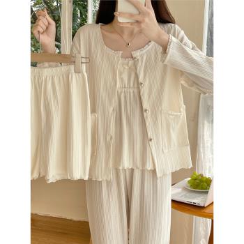 性感帶胸墊睡衣女款春秋吊帶純棉2025新款大碼四件套裝家居服薄款