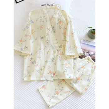 日式和服睡衣清新Ｖ領女春夏季純棉紗布薄款可外穿日系家居服套裝