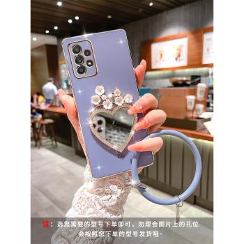 適用三星A32手機殼5G高階感亮面電鍍愛心補妝鏡SM-A326B時尚創意立體感梅花帶鉆保護套Galaxya32全包防摔氣質