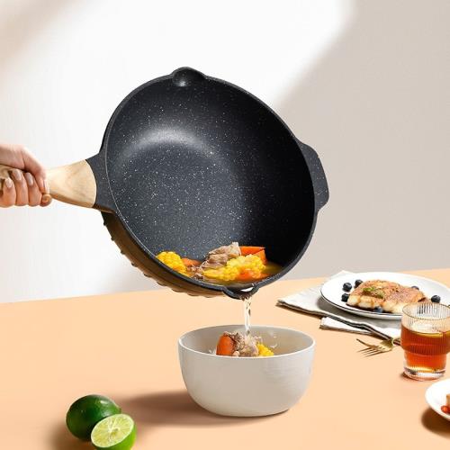 麥飯石炒鍋不粘鍋雙油嘴導流口電磁爐燃氣灶通用平底炒菜鍋家用