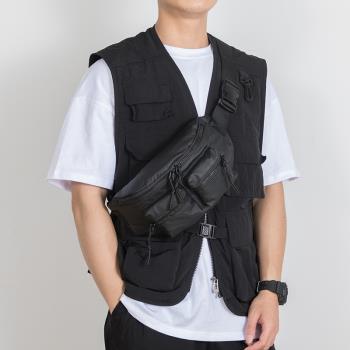 潮牌夏季工裝風斜揹包男士休閑胸包多功能手機包機能風日系斜挎包