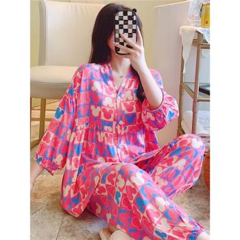 高檔棉綢睡衣女春秋夏季甜美薄款七分袖時尚寬松加大碼家居服套裝