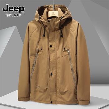 JEEP吉普春秋連帽工裝沖鋒衣外套防風男潮牌簡約商務夾克運動上衣