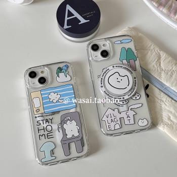 WASAI哇噻 韓國ins小眾設計可愛貓咪塗鴉插畫磁吸支架適用iphone16蘋果14手機殼15promax新款透明亞克力13/12