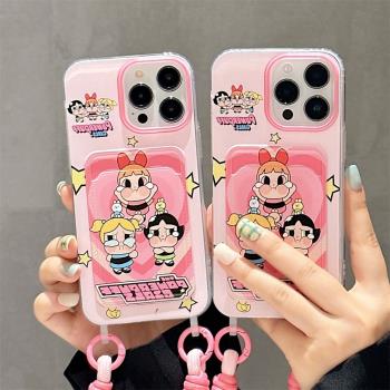 ins可愛卡通哭娃小女警插卡適用iphone15promax蘋果16手機殼15新款14pro女12腕帶掛繩13pm防摔矽膠軟殼保護套