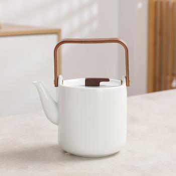 現代茶壺提樑壺家用陶瓷泡茶器木把手提單壺水壺功夫茶具簡約0.6L