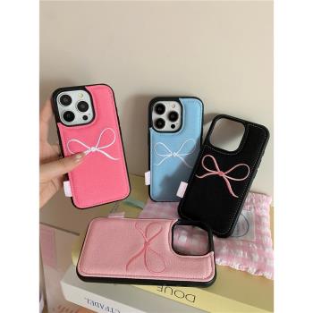 小眾ins刺繡蝴蝶結適用iphone16promax蘋果14手機殼新款15pro網紅甜酷女款12超火13pm布藝全包防摔保護套個性