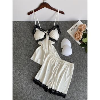 純欲冰絲綢吊帶胸墊睡衣夏季少女可愛分體甜美兩件套裝家居服春秋