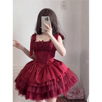 紅色小緞帶lolita洋裝洛麗塔JSK華麗優雅公主裙
