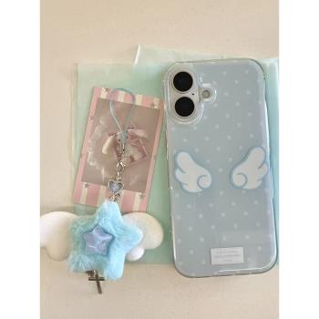 超火ins韓風藍色 波點翅膀適用蘋果16promax手機殼iphone13新款15pro女款14雙層全包防摔保護套掛件