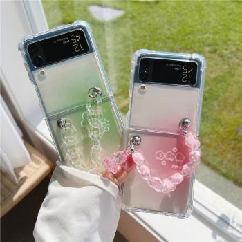 三星折疊屏zflip3手機殼三星Galaxy f7110手機保護套日韓zflip3全包矽膠帶手鏈防摔軟殼簡約創意小清新漸變女