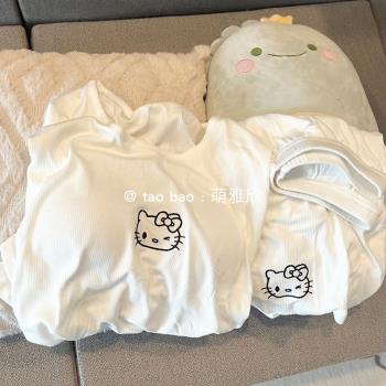 帶胸墊白色KT貓睡衣女夏季莫代爾短袖短褲套裝可愛簡約套頭家居服