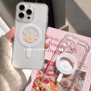 九月島嶼可愛雲朵太陽iphone16ProMax手機殼12可愛蝴蝶結13透明磁吸殼蘋果14Pro磁吸15promax亞克力精孔