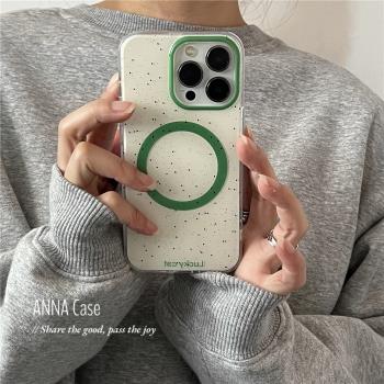 ANNACASE韓國ins小眾清新白綠潑墨磁吸手機殼適用iPhone16pro新款14promax蘋果13pro全包12光面15防摔保護套