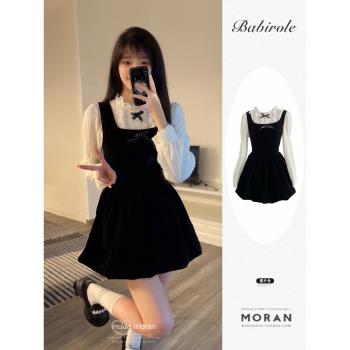 法式韓系赫本風襯衫上衣絲絨連衣裙洋裝兩件套生日禮服小黑裙女