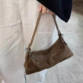 美式小眾設計輕奢高質感鹿皮絨復古美拉德軟磨砂酷辣妹機車腋下包