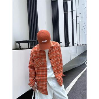 橙色格子襯衫男春秋美式復古多巴胺寬松休閑防嗮長袖襯衣情侶外套