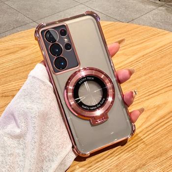 三星S21ultra手機殼新款氣囊防摔s21高階感透明保護套Galaxy車載磁吸支架簡約時尚電鍍個性創意鏡頭全適用於