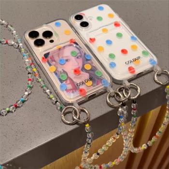 彩色波點卡包適用蘋果15promax手機殼iphone14pro新款16promax韓系13小眾12保護套防摔11矽膠xr手鏈xsmax網紅