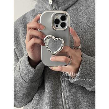 ANNACASE高階小眾銀色愛心鏡子支架適用iphone16promax蘋果15手機殼14新款12pro矽膠全包13Promax防摔保護套