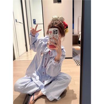 少女可愛HelloKitty睡衣女春秋新款藍色花邊長袖長褲家居服兩件套