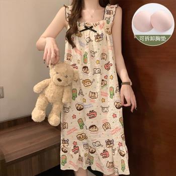 帶胸墊防凸點大碼吊帶睡裙女夏季卡通甜美寬松加肥200斤背心睡衣