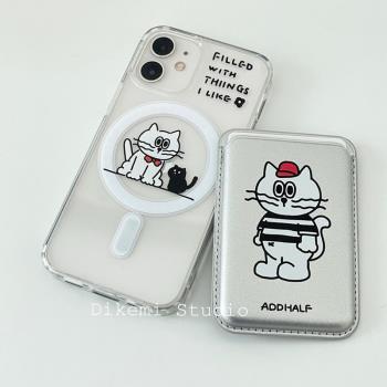 韓國ins小眾可愛治癒貓咪magsafe磁吸手機殼16皮質卡包適用於iPhone15promax/14pro蘋果13/12手機保護套情侶